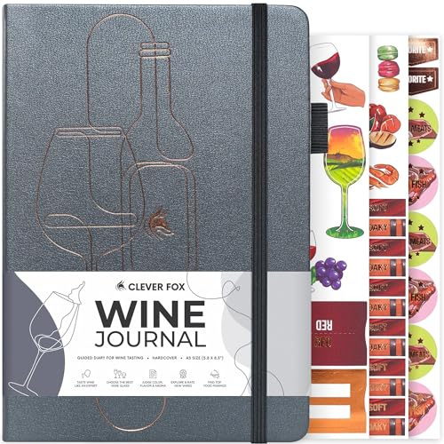 Clever Fox Diario de vino para degustación de vinos - Diario de vino guiado y libro de registro con instrucciones de degustación, rueda de aroma, maridaje de alimentos y guía de copas - 132 entradas,