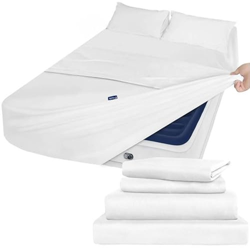 Moonsea Queen Sheet Set Deep Pocket - 4 Piece Extra Soft Queen Bed Sheets - Side Storage Pocket Fitted Sheet & Pillowcase & Flat Sheet - Easily Fits 16in to 24in Pillow Top Air Bed Mattress - White