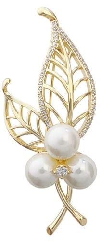 Wendalern Pearl Leaf Brooch Pin Gold Hollow Leaves Pin Classic Cubic Zircon Leaf Corsage Brooch Faux Pearl Crystal Lapel Pin Scarf Shawl Clothing Accessories Jewelry for Women Girls