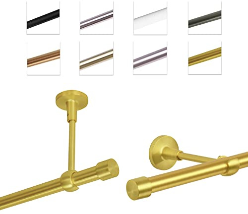 MDEKOR Gardinenstange 120 cm einläufig | Vorhangstange für die Wandmontage oder Deckenmontage Messing Gold aus Metall | Gardinenstangenset Ø 19mm