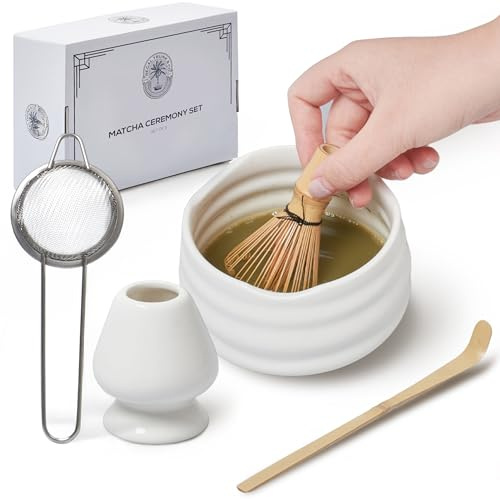 Regal Trunk Matcha Tee-Set - Keramik-Teeschale in traditioneller Größe, Schneebesenhalter und Sieb - Komplettset für die japanische Teezeremonie Matcha - 5-teiliges Matcha-Komplettset