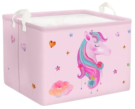 Clastyle Söt rosa enhörning flicka kub förvaringskorg för babyrum moln stjärnor hjärta vattentät rektangulärt tyg hyllkorgar kläder leksaker barn förvaringslåda, 40 x 30 x 30 cm
