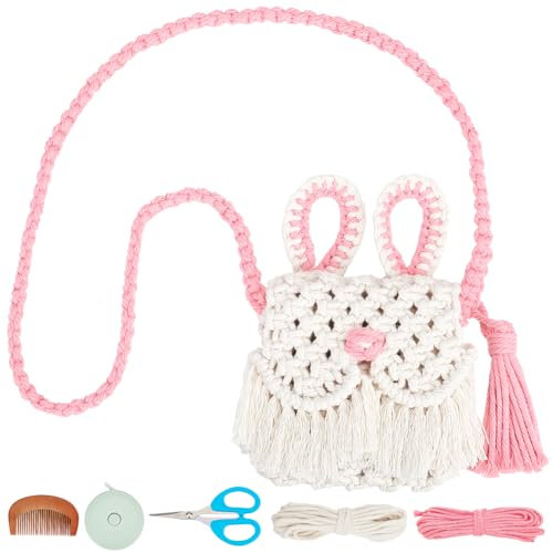 WEBEEDY Makramee-Osterhasen-Tasche Makramee-Quasten Umhängetasche Makramee-Set Inklusive 3 mm Makramee-Kordel In Natur Und Rosa Häkeltaschen Für Frauen Ostern Stranddekoration