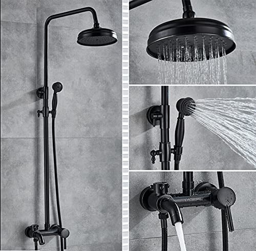 Set doccia a pioggia con sistema doccia a pioggia, rubinetto doccia con rubinetto, antico, nostalgico, con doccetta a parete, in acciaio inox, completo pannello doccia in stile retrò, rotondo, nero