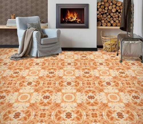 Bodenaufkleber Anpassen 3D Orange Fliesen Fototapete Tapete Retro-Muster Tapete Abziehbar Und Kleben Wohnzimmer Badezimmer Schlafzimmer Pvc Bodentapete 200x140cm