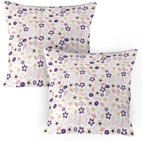 ABAKUHAUS Blumen Kissenbezug Packung mit 2, Abstrakte Kombination von Frühlingsblumen Dahlien Chrysanthemum und Blättern, Dekorativer Gedruckter Kissenbezug, 80 x 80 cm, Lila Korallenrot Creme