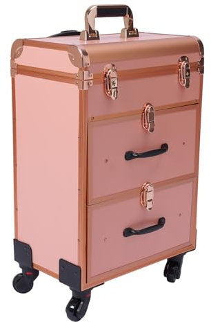 Begoniape Kosmetikkoffer Trolley 3 Etagen, Schminkkoffer Groß Make up Organizer mit Teleskopstange, Multikoffer Kosmetik Trolley, Nagelkoffer Friseurkoffer mit Rollen und Metallschlösser Gold