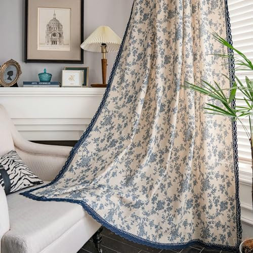 Daesar Vorhänge Lichtdurchlässig 150x220CM, Beige Blau Vorhänge mit Haken 2er Set Bedruckt Rose Motiv Gardinen Halbtransparent Wohnzimmer Küche