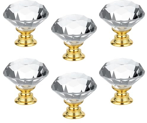 Chic Crystal 6 Pack Diamond Shaped Cabinet Knobs - Crystal Glass Pull Handles for Dresser Cupboards & Door Knobs (Gold Base)