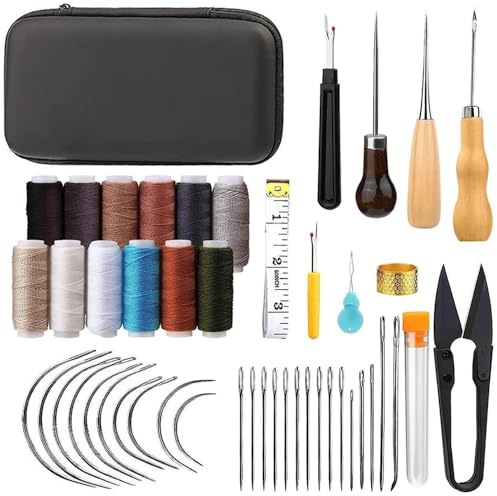 Zasvec Leder NäHset Set 48 Stück Leder-Werkzeug-Set Leder-Nähwerkzeug Lederhandwerk-Set Lederreparaturset für DIY Handwerk, Ledernähen (mit Wachsfaden, Leder Nähahle, Hand Ledernadeln)