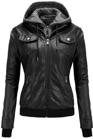 Generisch Lederjacke Damen Kunstleder - Jacke Damen Lederjacke mit Kapuzen Große Größen Kapuzenjacke Langarm Motorrad Jacke Winterjacke Slim Fit Hoodie Mantel Streetwear mit Reißverschluss Tasche