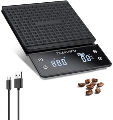 Diceaynico Báscula digital de café con temporizador, capacidad de 3 kg de precisión de 0,1 g, con temporizador y cuenta regresiva recargable, báscula de espresso con almohadilla térmica para preparar