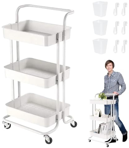 3 Tier Trolley Rolling Utility Storage Car with Wheels&Hanging Cups&Hooks