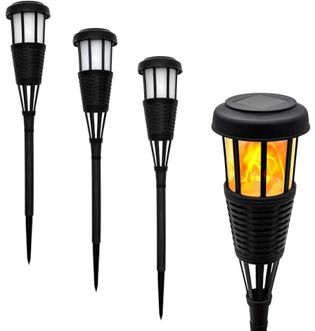Spetebo LED Solar Gartenfackel in Rattan Optik - 4er Set - Solarleuchte 48 x 10 cm mit Flackereffekt - Garten Deko Beleuchtung Gartenstecker Beetstecker Gewegleuchte mit Flammen Effekt
