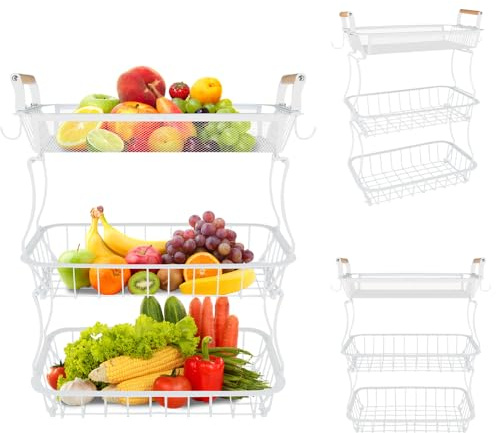 OHMG Support de Corbeille à Fruits en Bambou 3 étages,Fruit basket,Support à Panier de Fruits Rangement pour Les légumes pour Plan de Travail de Cuisine,Pain (3 Niveaux-Blanc, 37*22*55.5cm)