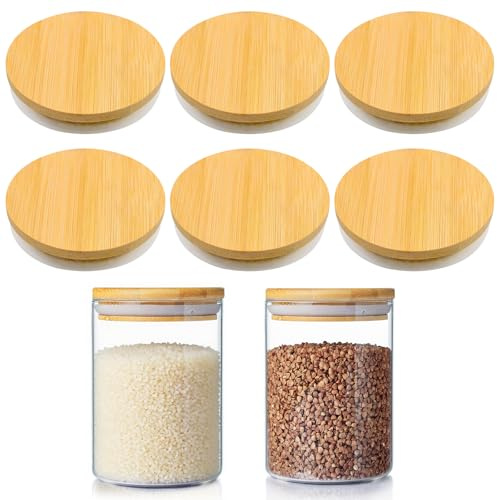 Ennoxwi 6stk Bambusdeckel, 80mm Bambus Deckel Rund mit Silikondichtungsring Wiederverwendbare Bambusdeckel für Zuhause Küche