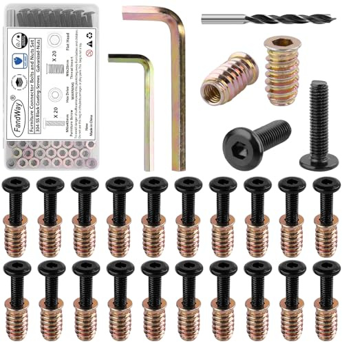 FandWay 40 Pièces Vis de Connexion pour Meubles M6x40 Vis à Tête Plate à Six Pans Creux Insert Fileté Bois,M6x25 mm Écrous à Visser Manchons à Visser en Acier Inoxydable 304 Connecteurs D'armoire.