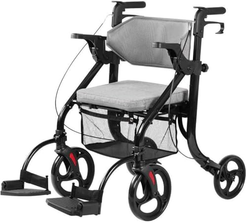 QZQJUILU Rollator Walker Carrozzina da Trasporto - Rollator Walker Pieghevole 2 in 1 per Anziani con Schienale Morbido e Poggiapiedi Rimovibili - Deambulatore a 4 Ruote
