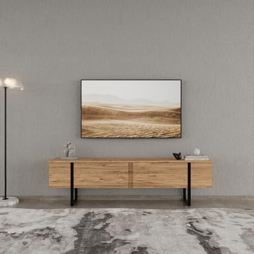 Smart Home Art TV-Lowboard 180 cm mit Metallfuessen (30 cm tief) – TV-Schrank in Eiche-Optik mit 2 Tueren, Stauraum & Kabelmanagement