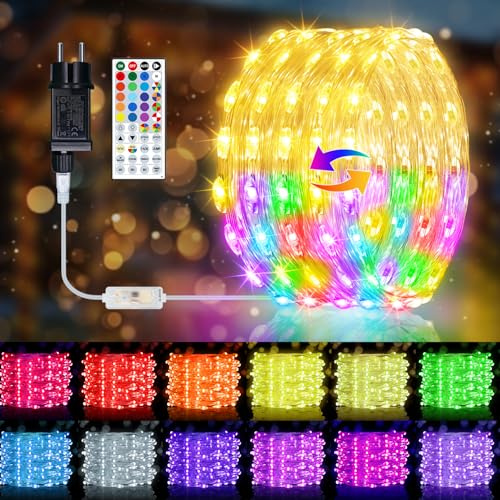 150 LED Bunt Lichterkette Innen mit Stecker, 15M Warmweiß & RGB 150 Modi Dimmbar mit Fernbedienung und Timer, Flexible Kupferdraht Fairy Lights für Weihnachten, Zimmer, DIY, Party Deko