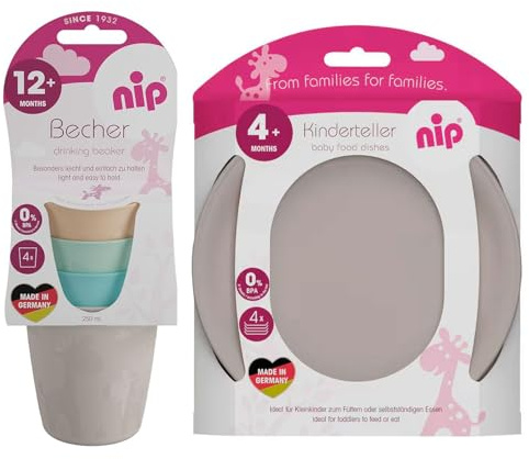 nip 8 tlg. Kleinkinder-Set Giraffenmotiv, made in Germany, 4 x Teller (Durchmesser19cm) & 4 x Trinkbecher, 4 Pastellfarben, MADE IN GERMANY QUALITÄT, BPA frei, spülmaschinen und mikrowellengeeignet