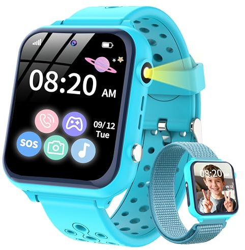 POKUJNFY Smartklocka Barn för Pojkar Flickor - Ring Telefon SOS 16 Spel HD Kamera Video MP3 Musik Spelare Kalkylator Väckarklocka Timer - Digitala Smartklocka för Barn Presenter