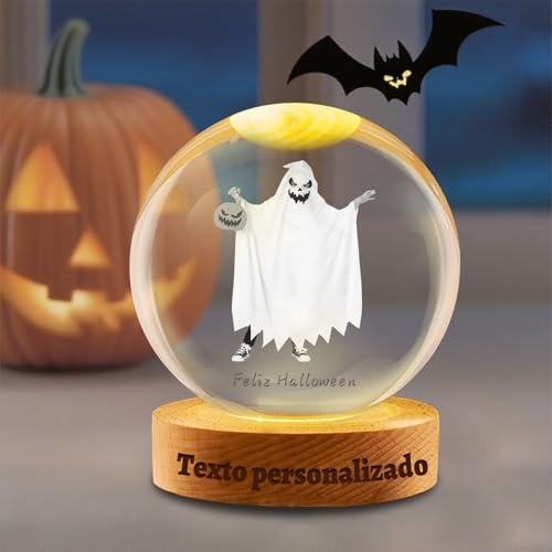 Esfera de Cristal Personalizada 3D con Foto y Texto - Bola de Cristal con Base de Madera Grabada, Regalo de Fotografía 3D Navidad, Halloween, Ultrasonidos, Familia (Halloween)