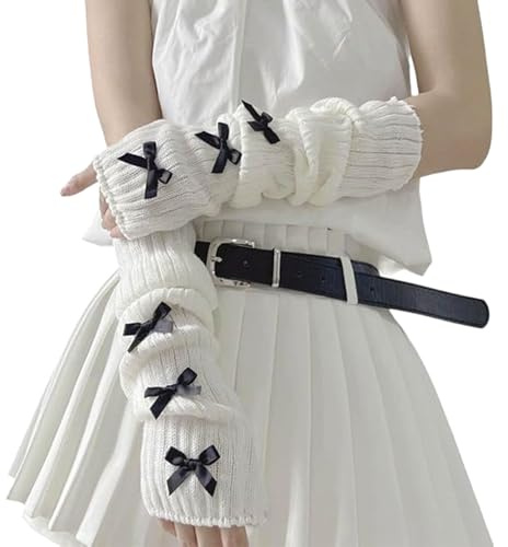 Muorruo Y2K Bow Arm Warmers, Kawaii Half-Finger Arm Warmers, charming accessories for girls, Gyaru Harajuku Arm Warmers, knitted wrist warmers, long fingerless sleeves