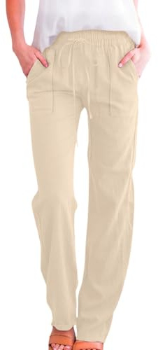 Womens Trousers White Cotton Linen Pants Solid Color Casual Summer Trousers Drawstring Elastic Waist Long Pants with Pockets Lightweight Comfy High Waisted Straight Leg Bottoms for Beach Holiday