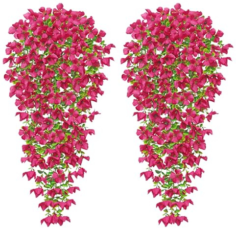 MEIVINES 2PCS Artificial Hanging Flowers 77cm Fake Hanging Plants Outdoor | UV-Resistant Faux Hanging Flowers Fake Trailing for Hanging Baskets Garden Wall Home Decoration (Rose Red)