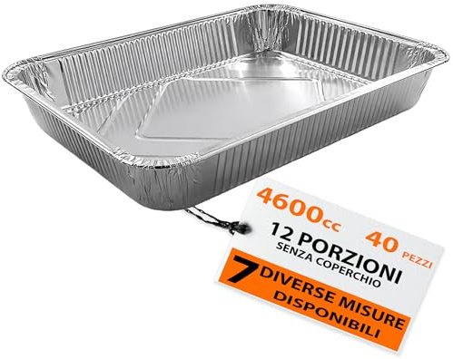 G.M. DISTRIBUZIONE GM – 40 Contenitori in Alluminio 12 Porzioni 4600 cc Senza Coperchio, Vaschette Rettangolari Extra Large per Forno e Congelatore, Gastronomia e Catering – 39,5×32,2×4,5h cm