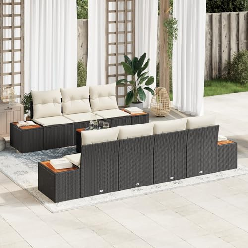 IBUQDDV 8-TLG. Garten-Sofagarnitur mit Kissen Schwarz Poly Rattan, Modulares Outdoor-Sofa Set für Terrasse und Balkon, Wetterfeste Gartenmöbel mit Stauraum, Bequeme Polsterauflagen