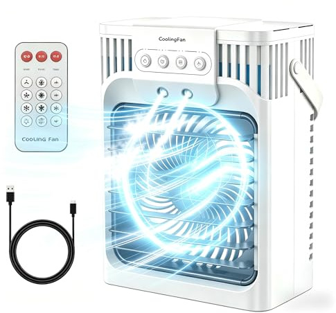 YFFU Mobile Klimaanlage mit Fernbedienung 1200ml,4-in-1 Mini Klimagerät Mobile USB Luftkühler mit 7 Farben Licht,3 Geschwindigkeiten,3 Nebelmodi für Zuhause Zimmer, Hellweiß