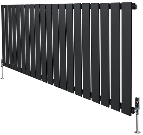 Flat Single Column Radiator 600mm x 1400mm & TRV Chrome Valves Modern Designer Single Panel Central Heating Heater Anthracite Grey Carbon Steel Horizontal FREE Cleaning Brush Fixing Kit & Brackets