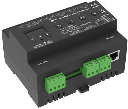 Dimmer DALI DMX Professionale, 4 Canali Guida DIN, OLED Display, 4X12A@12V/24V, 4X10A@36V/48V, DALI-2, DMX512, PWM, 4 Indirizzi, DT6 DT8 per Strisce LED Monocolore CCT RGB RGBW