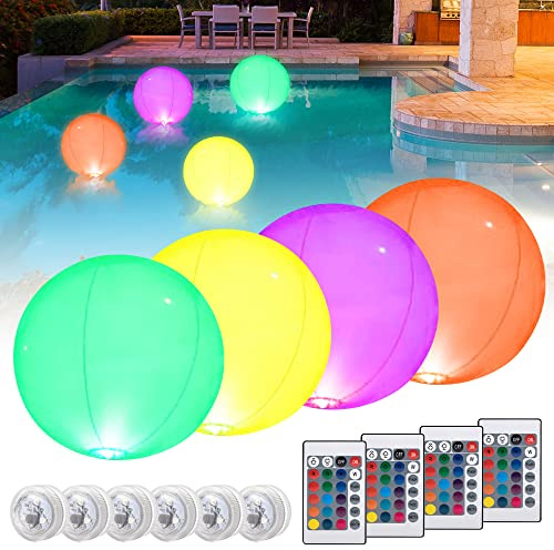 SKIKHN Lumière de Piscine Flottante, 4 Pièces Boule Lumineuse Exterieure avec Télécommande, IP68 Étanche Boule lumineuse LED, Lumière Boule Changeante RGB 16 Couleur Pour Piscine, Baignoire, Fête