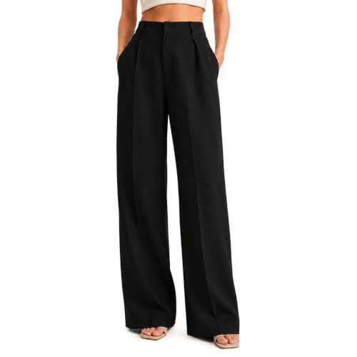 Fjquamitix Wide Leg Trousers for Women UK Stretchy Work Soft Pants Women High Waisted Business Casual Trousers with Pockets