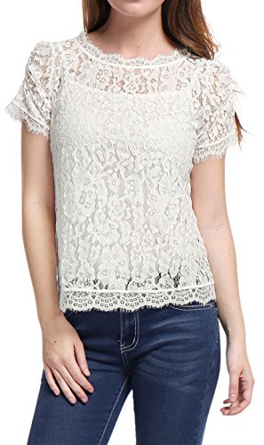 Allegra K Women's Lace Top Summer Floral Scalloped Trim Short Sleeve Semi Sheer Tops Medium White