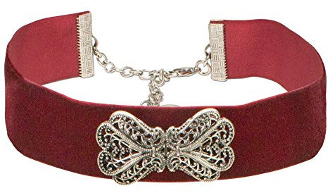 Alpenflüstern Trachten-Samt-Kropfband Ornament-Schleife - nostalgische Trachtenkette enganliegend, Kropfkette elastisch, eleganter Damen-Trachtenschmuck, Samtkropfband breit dunkel-rot DHK207