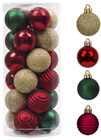 Valery Madelyn 1.57 Inches Small Christmas Tree Decorations Ornament Set, 24ct Red Green Gold Shatterproof Hanging Ball Ornaments Holiday Party Decor