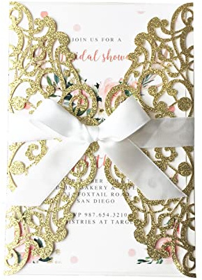 KUCHYNEE 20 Pezzi Biglietti d'invito di nozze con brillantini dorati tagliati al laser, con bowknot e buste, per matrimonio festa di fidanzamento compleanno laurea, Glitter Oro