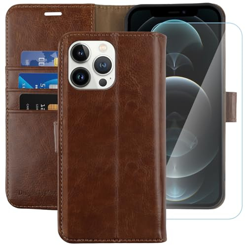 MONASAY Hülle Fit für iPhone 12/12 Pro Handyhülle 6.1 Zoll,[Schutzfolie][Kartenfach][Standfunktion][Magnet][RFID Schutz],Stoßfeste Schutzhülle Leder Flip Case, Braun