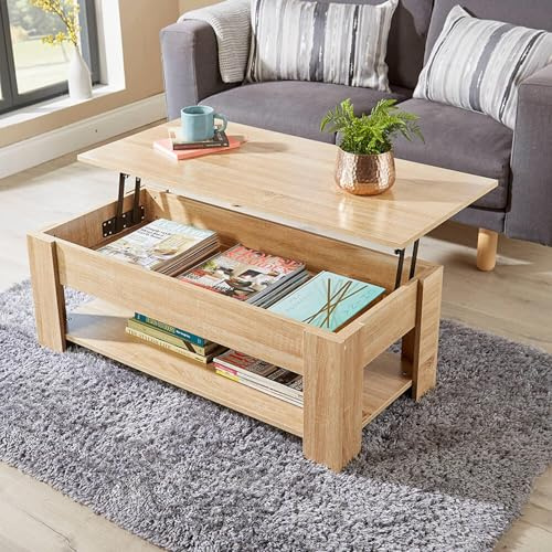 Home Source Coffee Table with Lift Up Top Storage Area and Magazine Shelf, Oak Effect