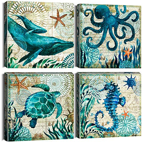 Artscope 4 Teilig Leinwandbilder mit Blauer Ozean Kreatur Motiv Kunstdruck - Moderne Wandbild für Badezimmer Wohnzimmer Wanddekoration - 30 x 30 cm