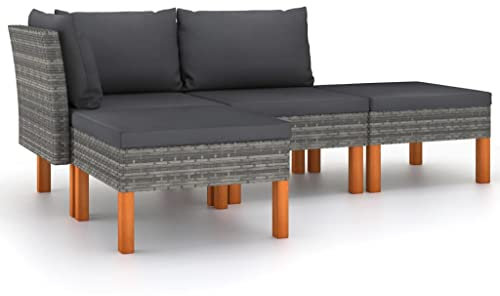 vidaXL Gartenmöbel 4-TLG. mit Kissen Sofa Lounge Sitzgruppe Garten Garnitur Gartenset Ecksofa Mittelsofa Gartensofa Poly Rattan Grau