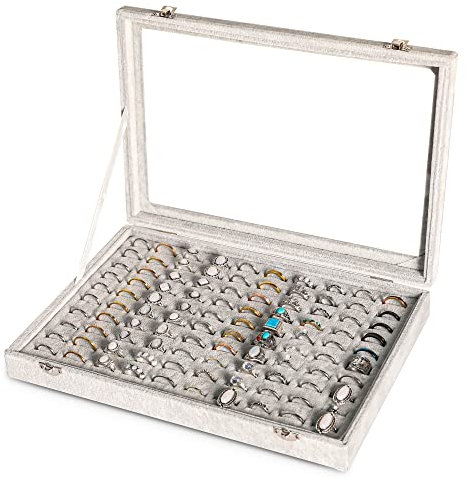Frebeauty Ring Organiser Tray 100 Slots Ring Holder with Clear Lid Velvet Ring Storage Box Ring Tray for Jewellery Store Ring Display Case for Jewellery Show Ring Box for Women(Grey)