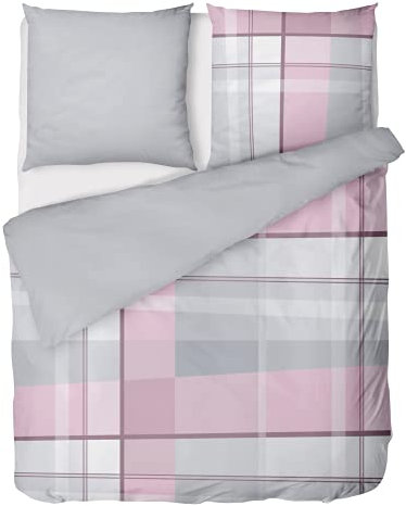 LINKHOFF Biber Bettwäsche 135x200 Rosa 2tlg - Bettwäsche Grau Rosa - Wendebettwäsche 135x200 Kariert/Unifarben - 100% Baumwolle
