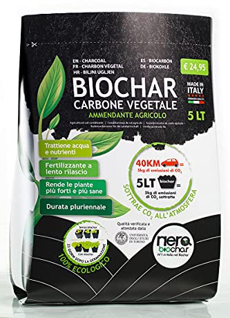 Biochar 5 LT, carbone vegetale, charcoal. E’ un fertilizzante indicato per le colture intensive, l’orticoltura e le piante d’appartamento. LO FACCIAMO IN ITALIA, produciamo solo Biochar.