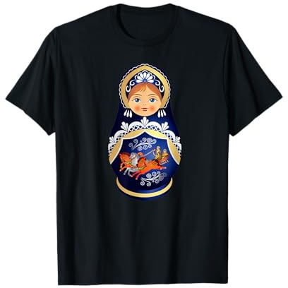 Matroschka Russland Souvenir T-Shirt für Russlandfans, Herren, Unisex, Schwarz, S, Kurzarm, Klassische Passform, Traditionelles Blumenmuster und Matrosenkragen