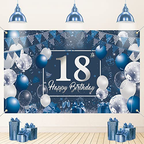 VICSOM 18. Geburtstag Banner Blau, 18. Geburtstag Dekoration 18. Extra Großes Banner, 18.Blau Happy Birthday Banner, 18.Stoff Zeichen Poster Hintergrund Banner, 18. Jungen Geburtstag Banner